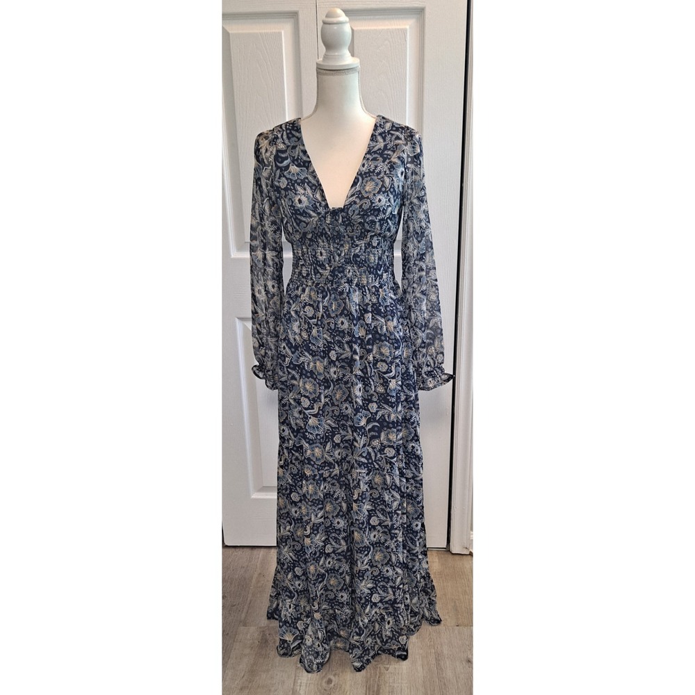 S Patrons of Peace‎ Blue Floral Smocked Long Sleeve Maxi Dress Boho Hippie Lined